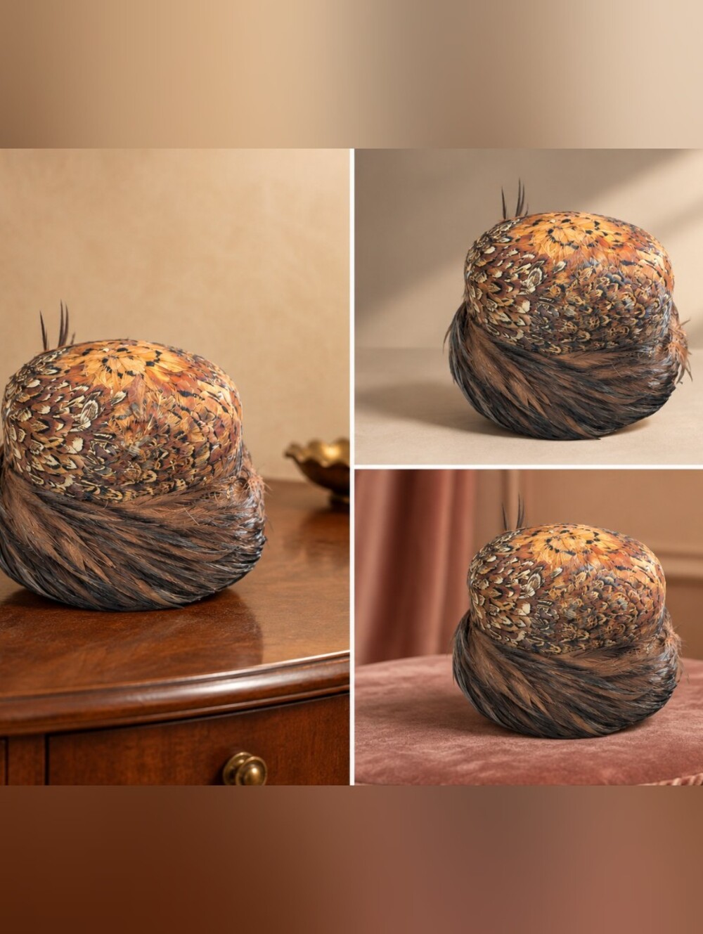 Vintage 1950s Pheasant Feather Pillbox Hat - The Crystal Room Designer Salon